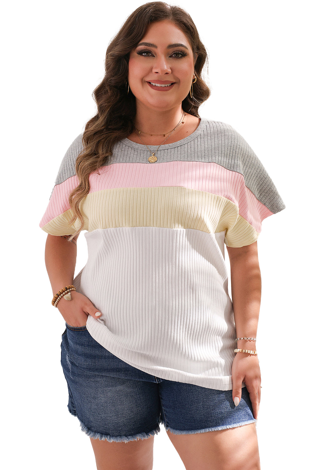 Colorlock White Patchwork Batwing Sleeve Ribbed Plus T-shirt