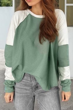 Mint Green Color Block Patchwork Ribbed Raglan Long Sleeve Top