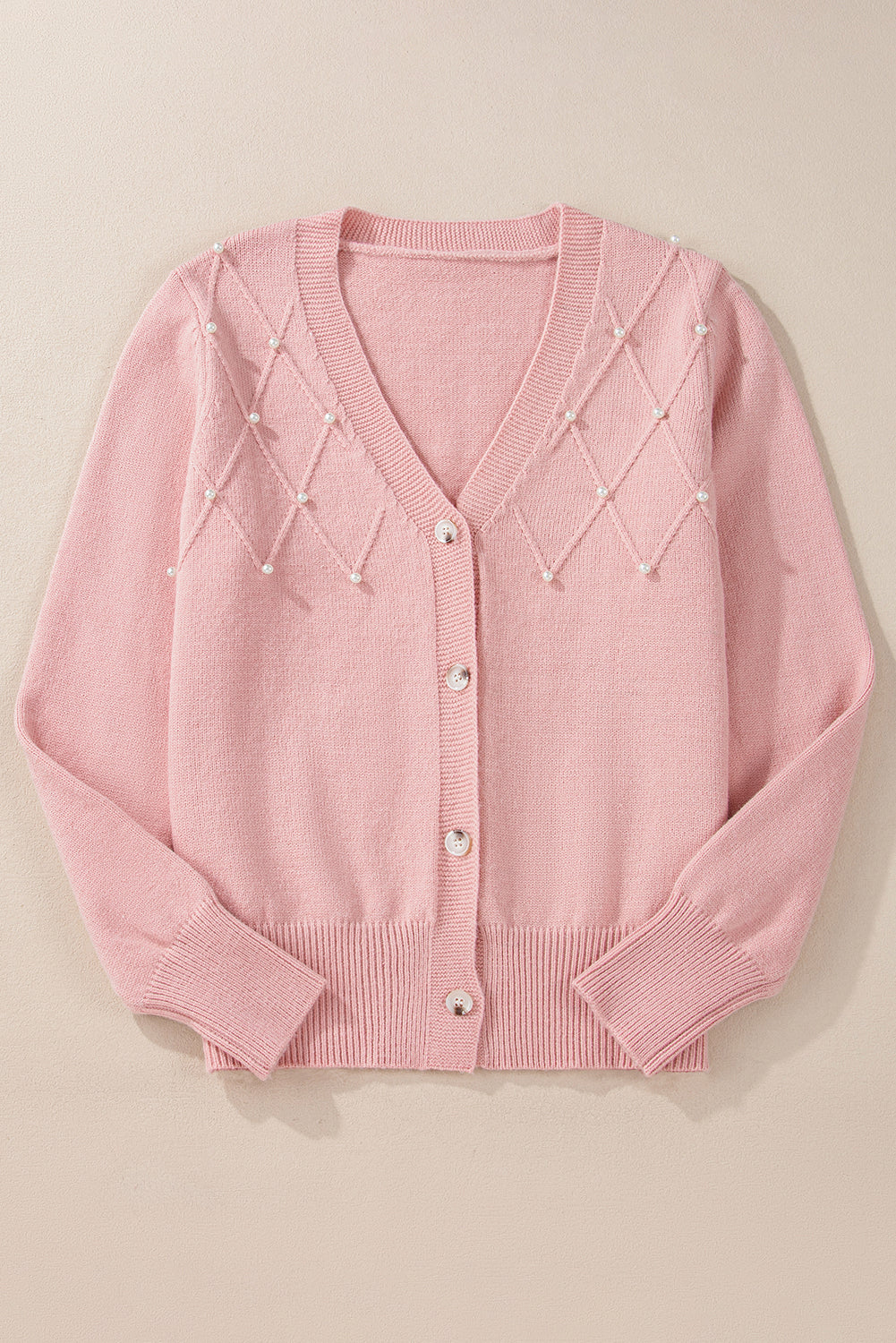 Cardigan boutonné en tricot texturé avec perles et perles sépia rose