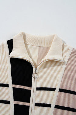 Short -sleeved sweater dress and zipped collar with khaki stripes