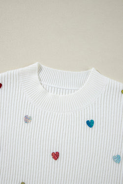 Beige Sequin Heart Waffle Knit Crew Neck Sweater