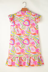 Robe boutonnée à manches flottantes et à volants floraux abstraits rose