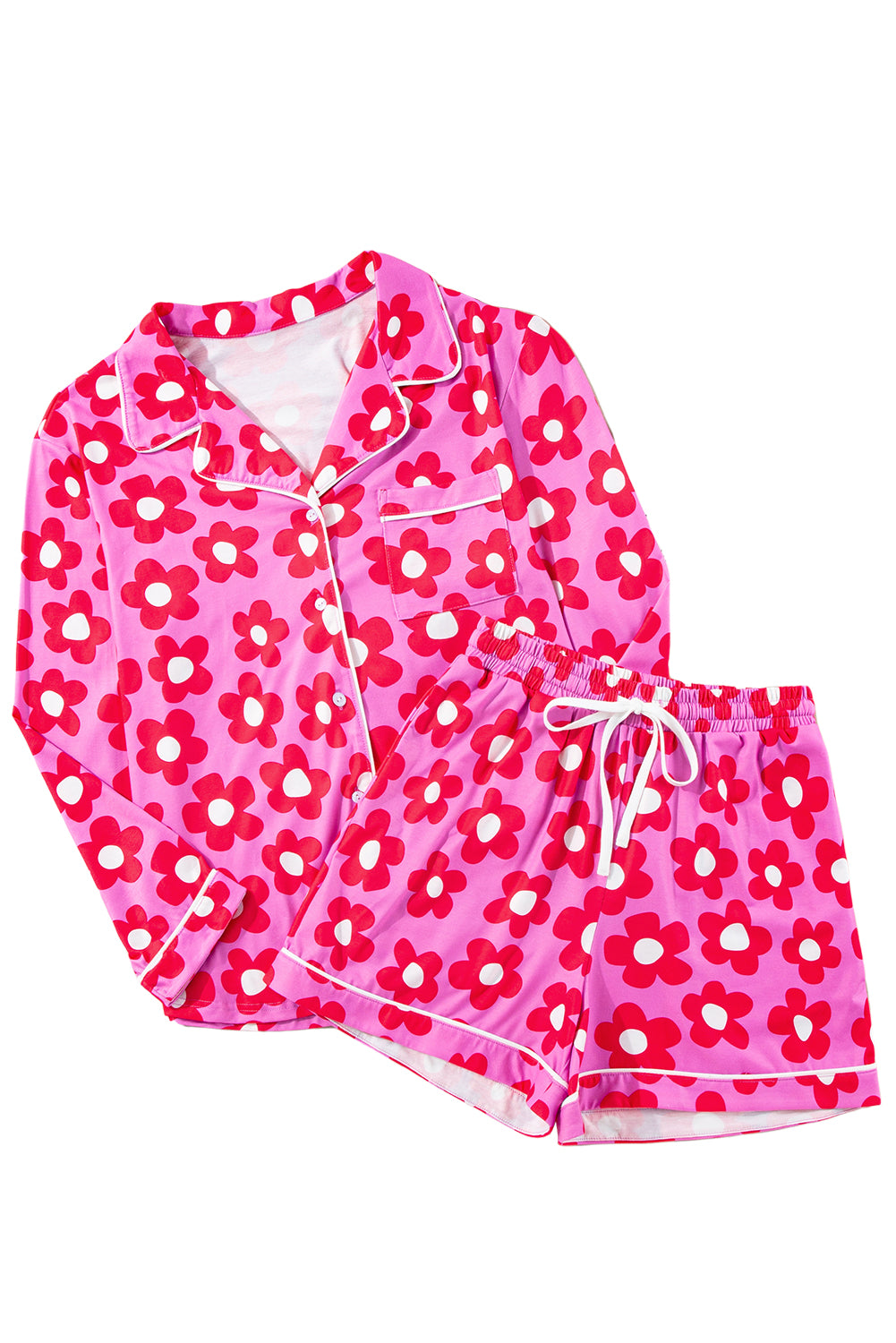 Ensemble pyjama chemise et short à manches longues et imprimé fleurs roses-A WOMAN WE LOVE