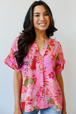 CROWT V -neck blouse with pink jungle floral print