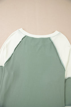 Mint Green Color Block Patchwork Ribbed Raglan Long Sleeve Top