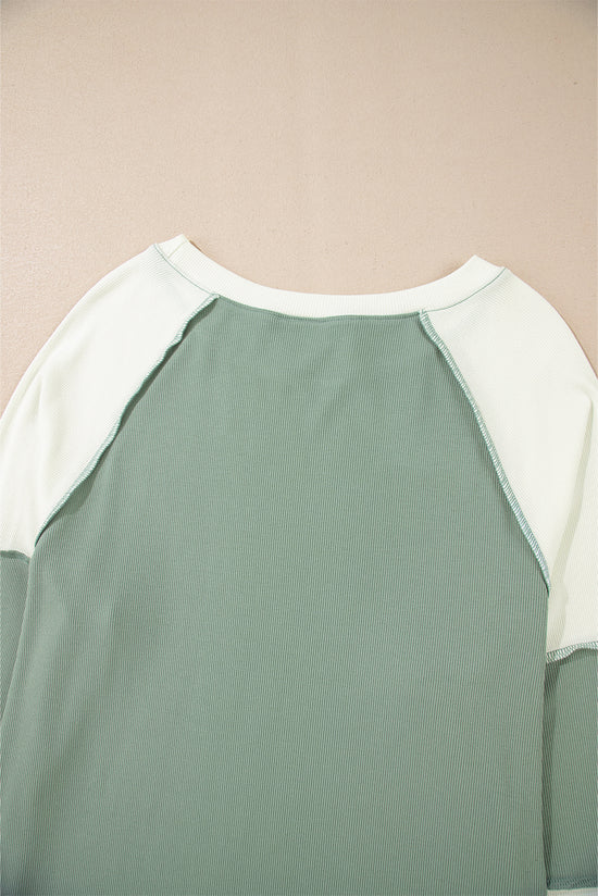 Mint Green Color Block Patchwork Ribbed Raglan Long Sleeve Top