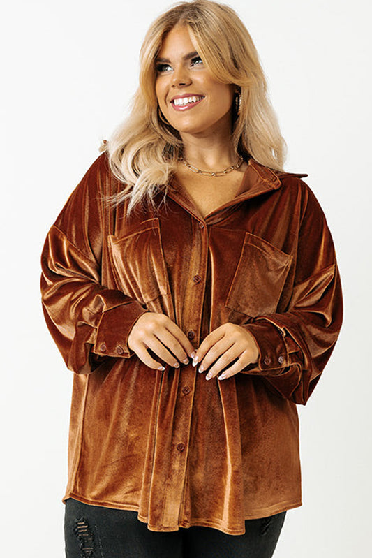 Chestnut Plus Size Velvet Chest Pocket Drop Shoulder Shirt