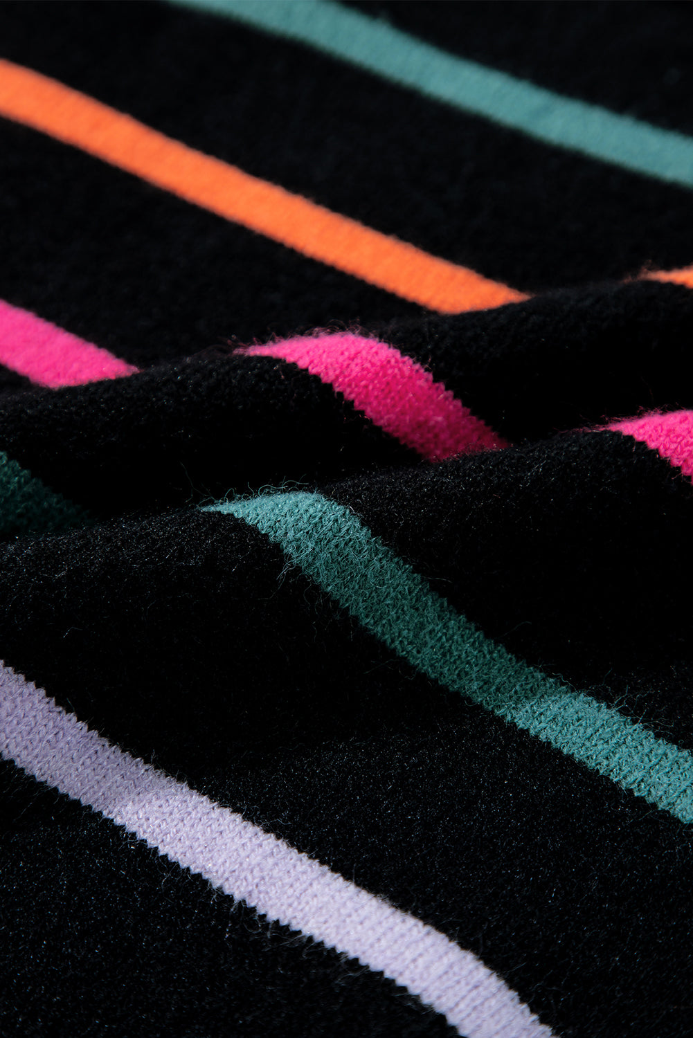 Black sweater with ribbed edges and colorful stripes