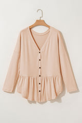 Chemise à volants et col en V boutonnée beige *
