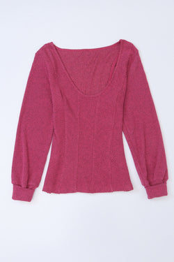 Pink U-Neck Long Sleeve Textured Top