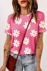 Marguerite Pink Printed Round Color T-shirt
