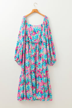 Robe longue à imprimé floral et col carré froncé de grande taille bleu ciel