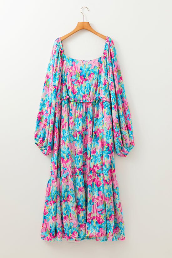 Long print dress floral print and gathered square blue sky blue size