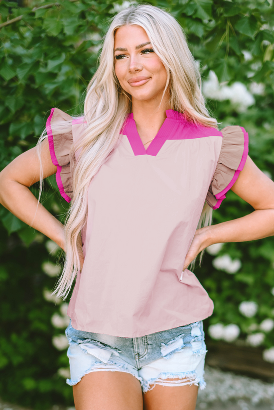 V -neck pink blouse and fluffed sleeves *