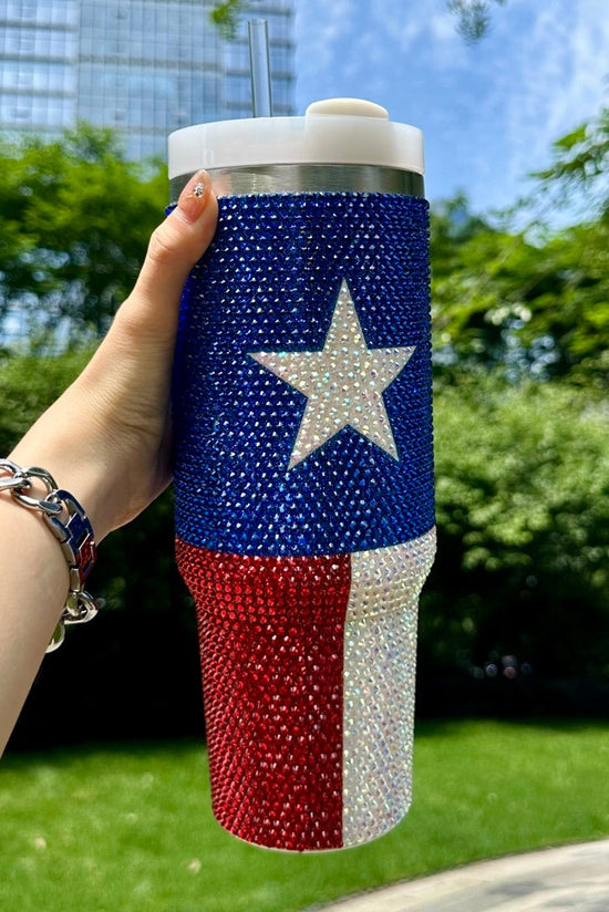 Copa con mango en diamantes de imitación y estrella de la bandera azul americana, 40 oz