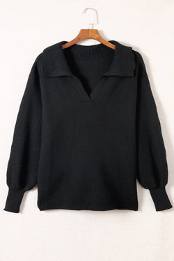 Black Ribbed Knit Curved Lapel Neck Sweater