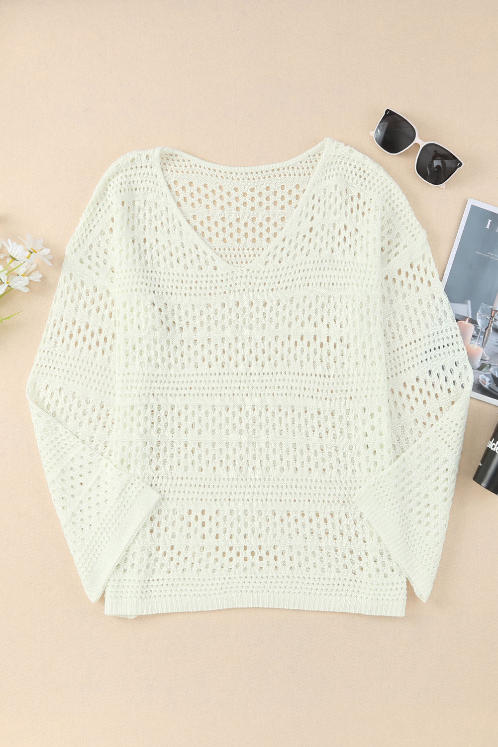 White Hollow Out Crochet V Neck Pullover Sweater