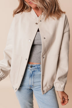 Beige bomber jacket with pockets and baseball collar