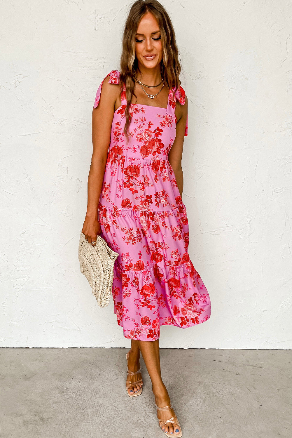 Pink Tie Shoulder Straps Tiered Floral Dress