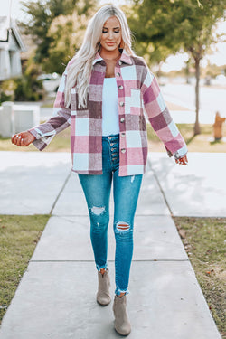 Veste à carreaux à manches longues boutonnée en blocs de couleurs avec poche