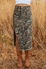 Jupe midi en jean camouflage multicolore fendue à ourlet brut