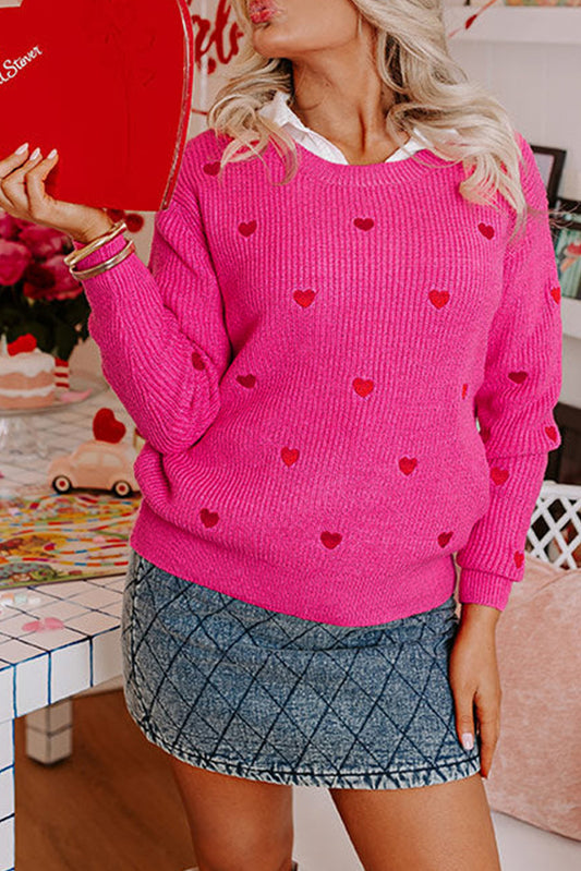 Pull à col rond et épaules tombantes en forme de cœur rose rouge