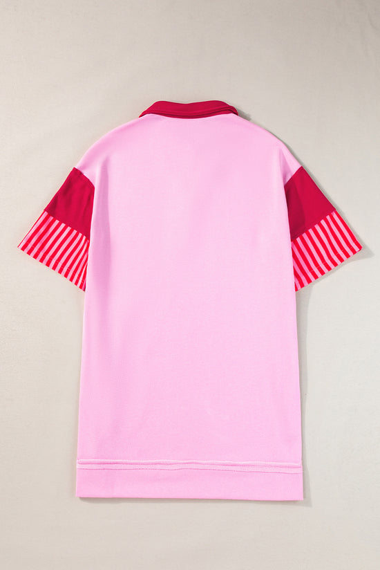 Pink striped patchwork short sleeve t-shirt dress