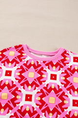Ensemble haut à manches longues à imprimé géométrique rose Sachet et short à cordon de serrage-A WOMAN WE LOVE