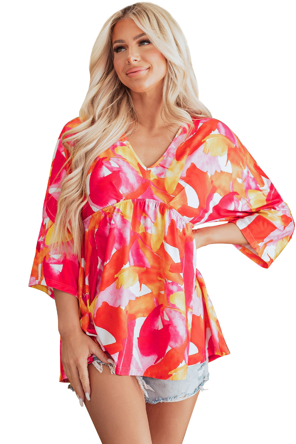 Blusa de babydoll naranja con estampado abstracto, mangas 3/4, V -neck, volando