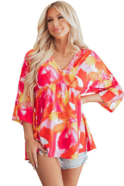 Orange Babydoll blouse with abstract print, 3/4 sleeves, V -neck, flying