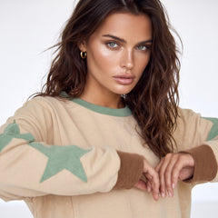 Sweat-shirt oversize parchemin à coutures apparentes et patchwork étoilé