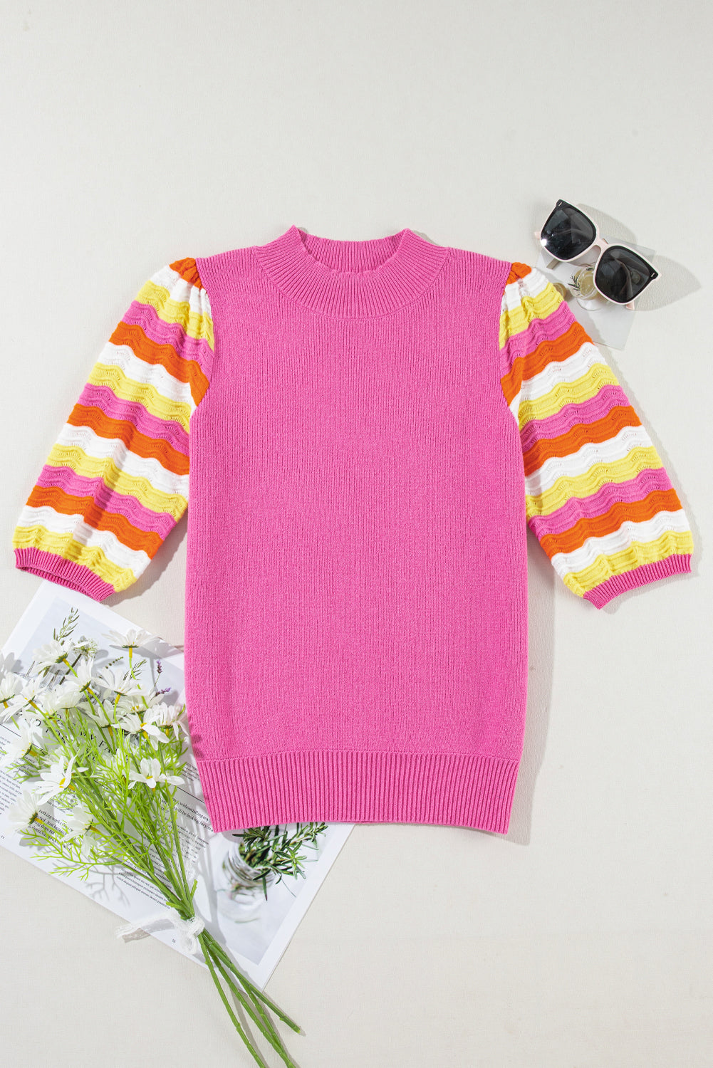 Pink Ribbed Knit Contrast Sleeve Sweater Top