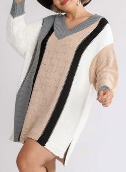 Large -size color lock apricot sweater dress