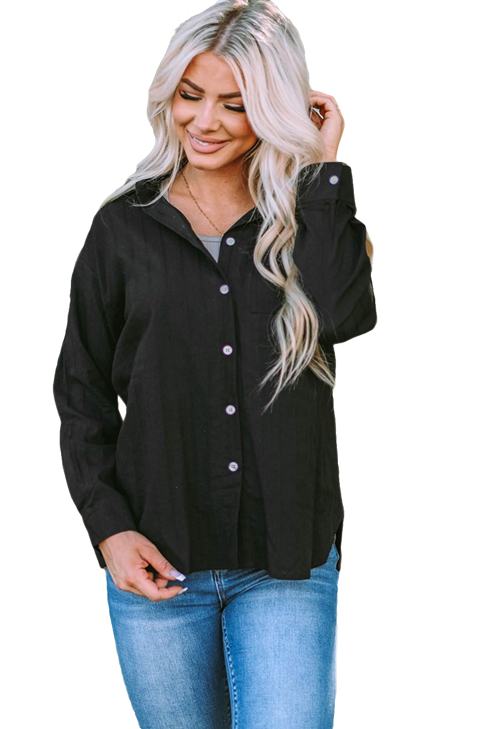 Black Textured Buttoned Pocket Long Sleeve Shirt