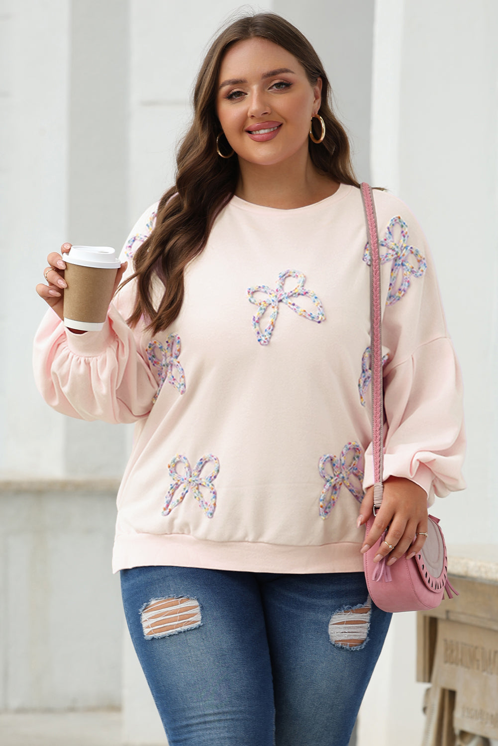 Sweat-shirt oversize à manches lanterne et nœud brodé parchemin