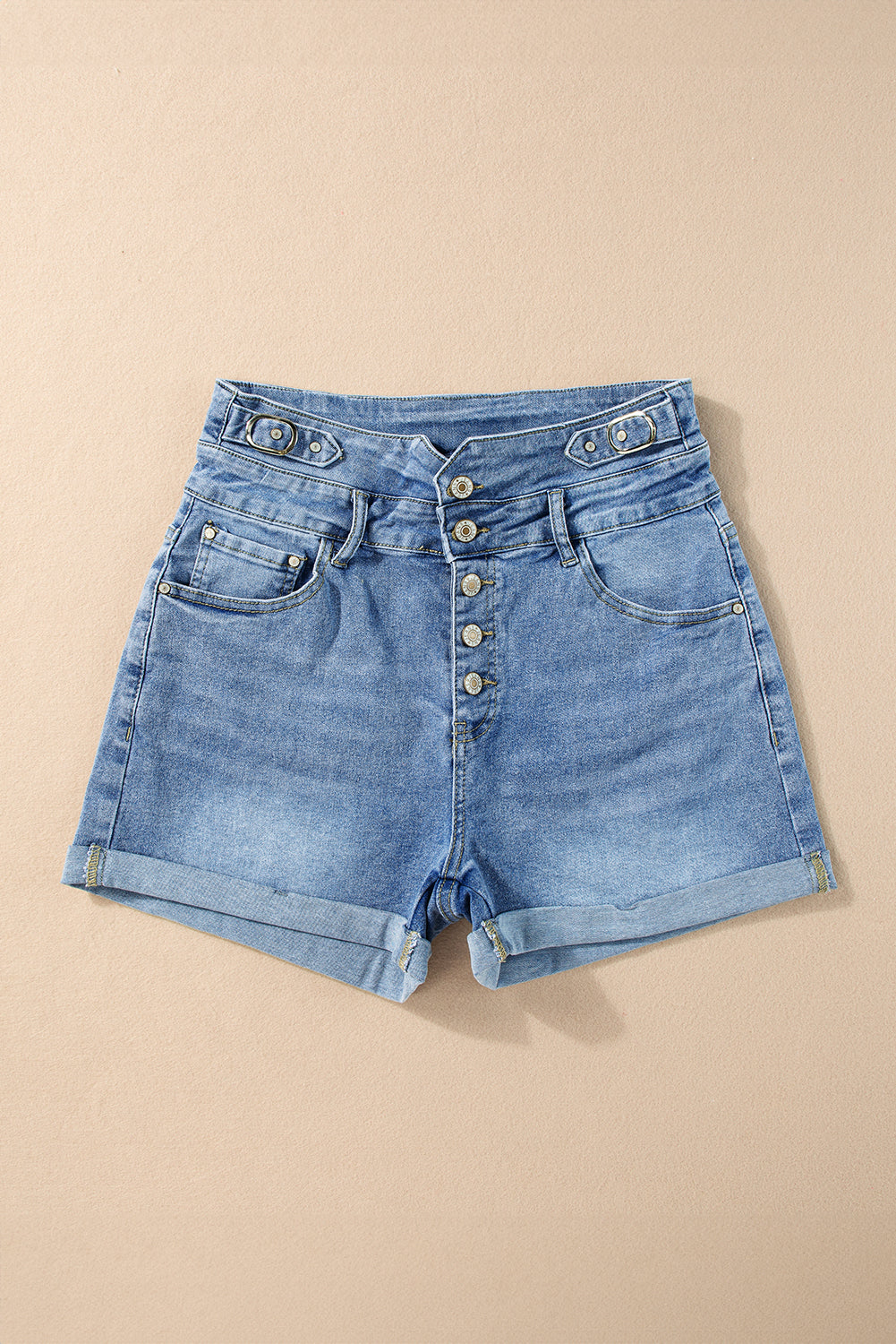 Short en jean taille haute bleu crépuscule avec braguette boutonnée et bords roulés