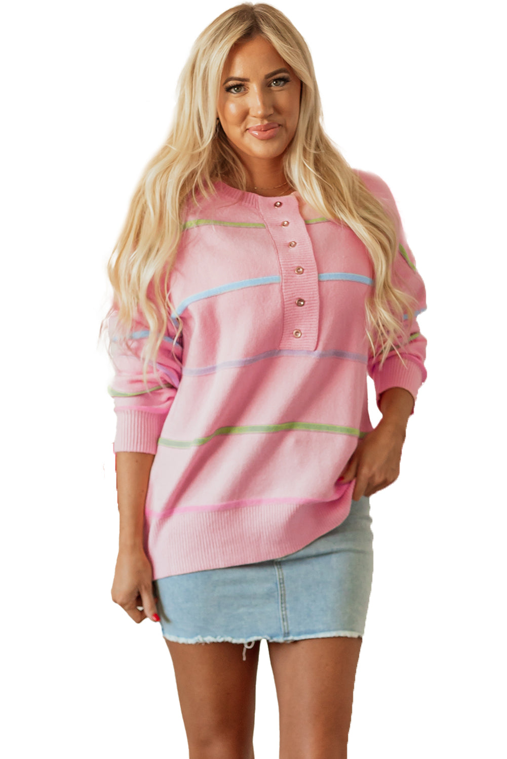 Pink Rainbow Striped Drop Shoulder Baggy Henley Sweater