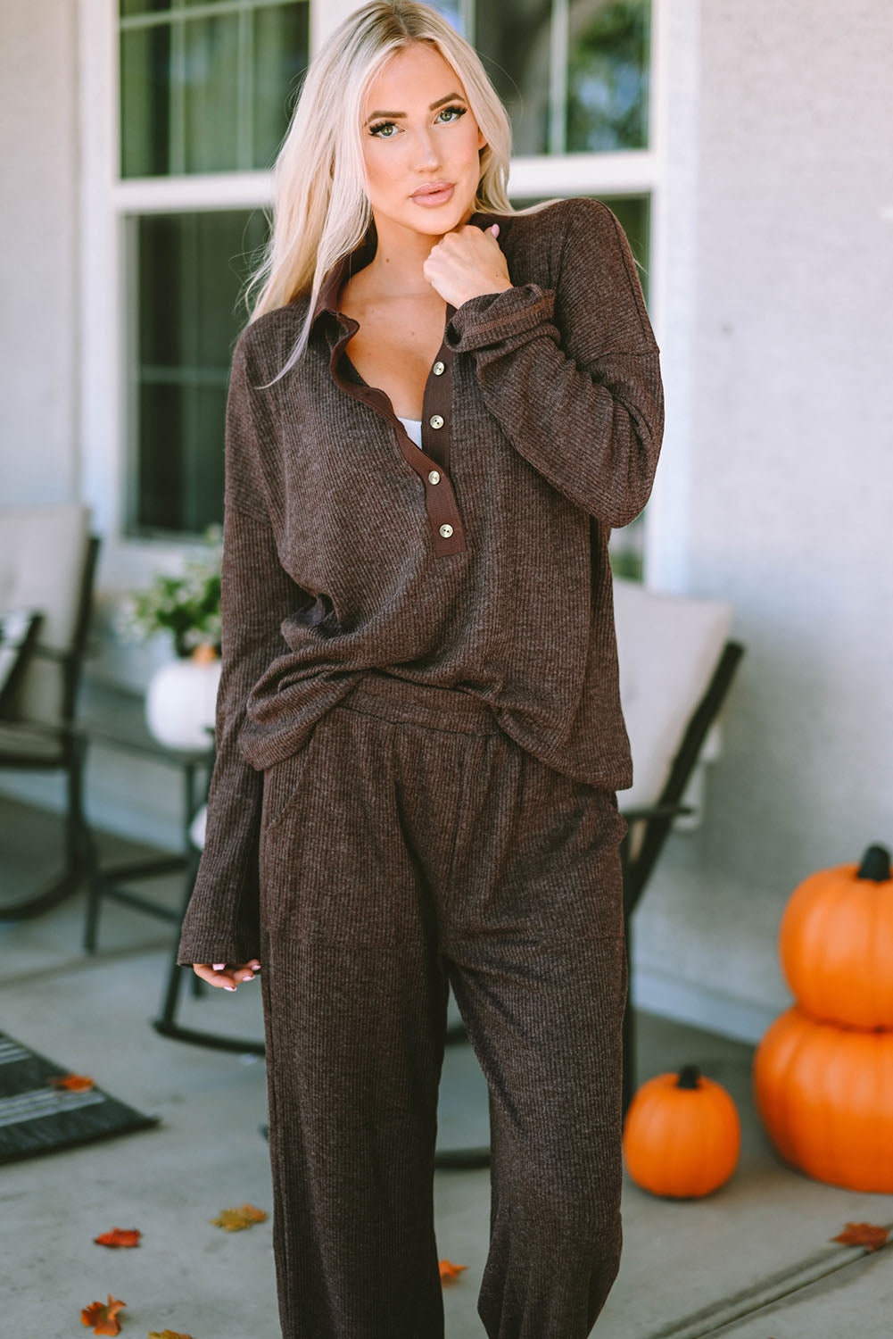 Brown Caned Caned Collared Henley Top and Pants Lounge