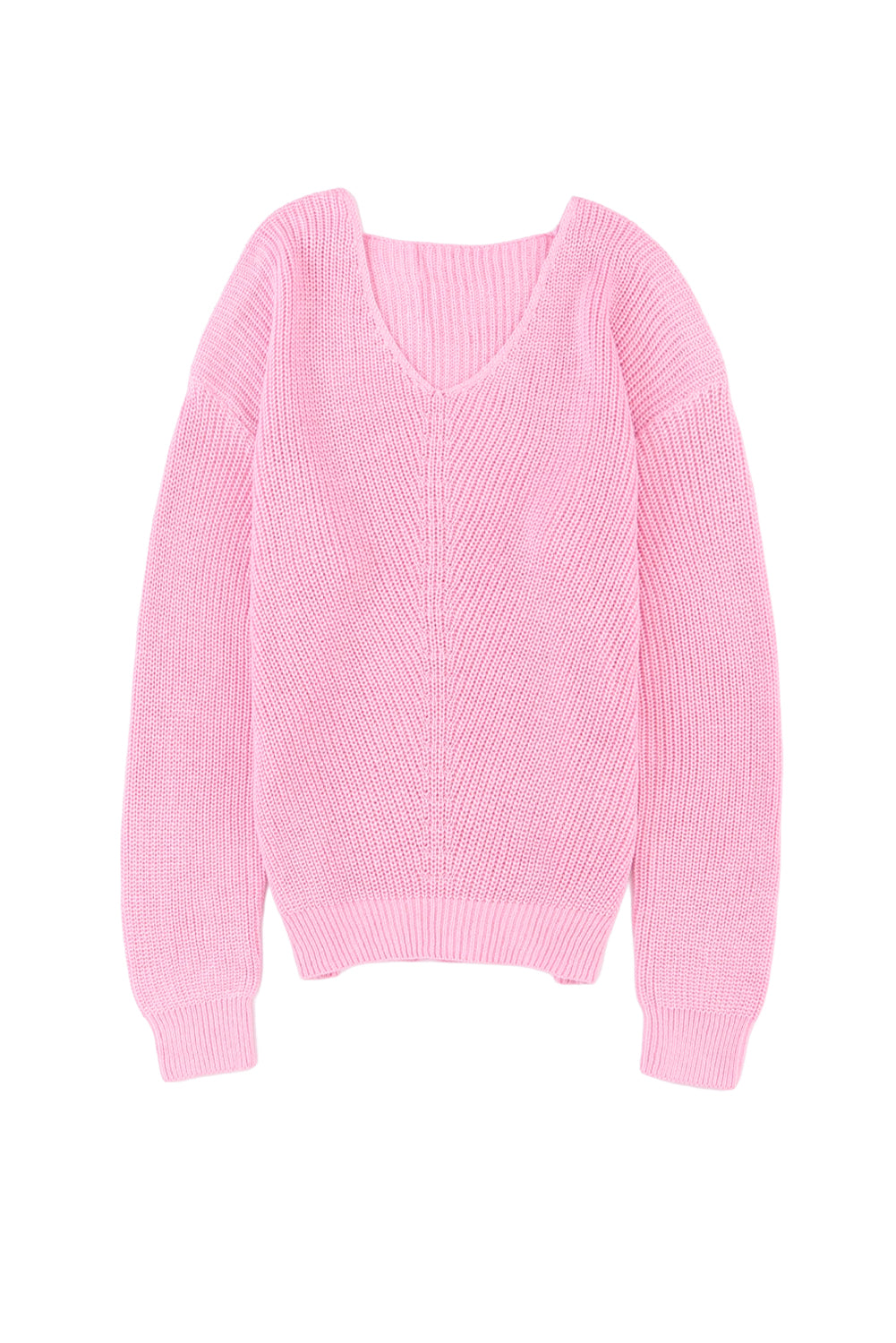 Pink Ribbed Knit V Neck Sweater