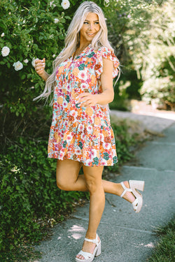 Purple floral print dress with split neck and flowing sleeves