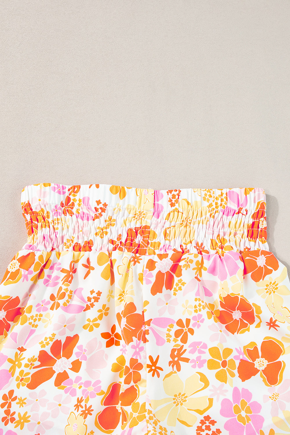 Orange Boho Floral Shirred High Taist Casual Shorts