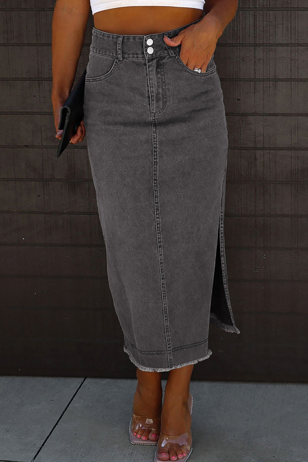 Black Raw Edge Side Slits Butted MIDI Denim Jupe