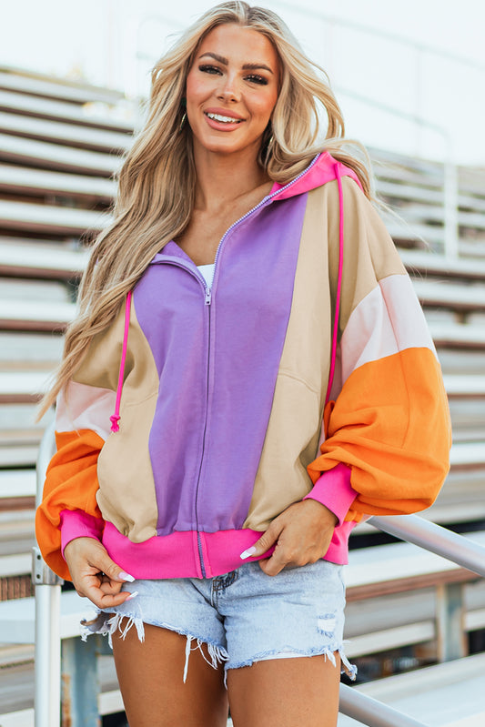 Grapefruit Orange Color Block Patchwork Oversized Zip Up Hoodie