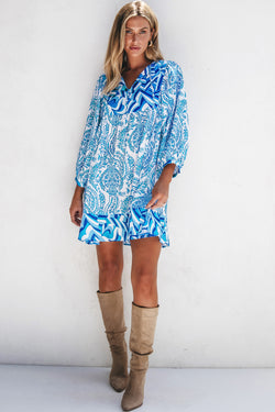 Sky Blue Bohemian Print Tie V-Neck Puff Sleeve Flared Mini Dress