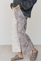 Jean large multicolore à patchwork floral et léopard, bords bruts