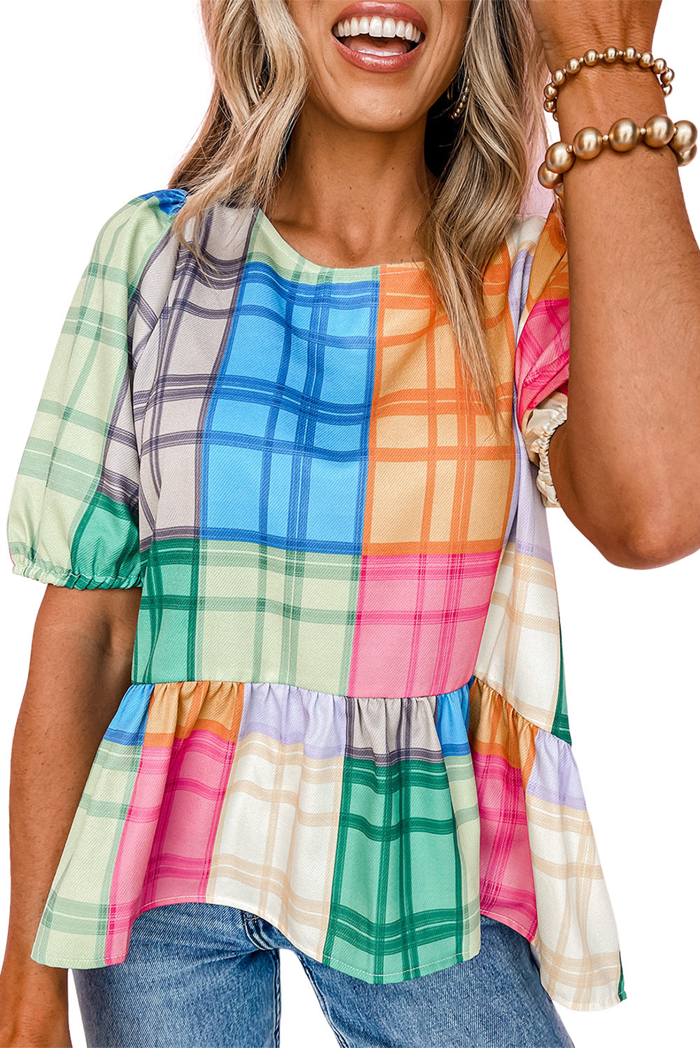 Multicolor Bold Plaid Color Block Puff Sleeve Peplum Top