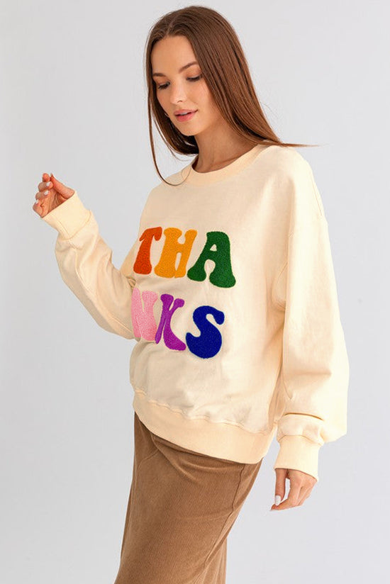 THANKS Apricot Chenille Embroidered Drop Shoulder Graphic Sweatshirt