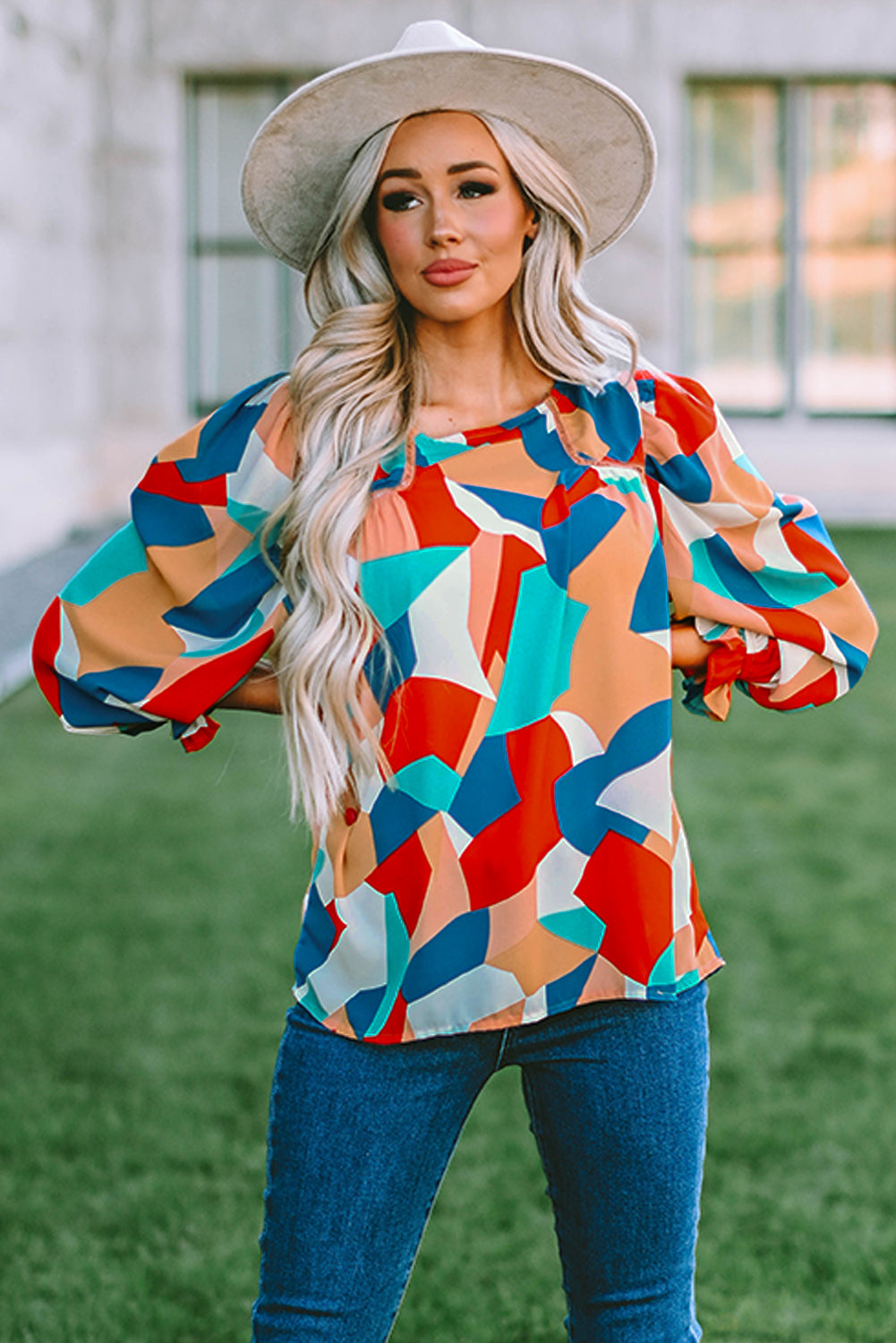 Multicolor abstrakte Muster Crewneck gekräuselte Puffhülle Bluse