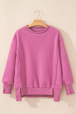 Hot Pink Oversized Drop Shoulder Sweatshirt with Sherpa Stitching