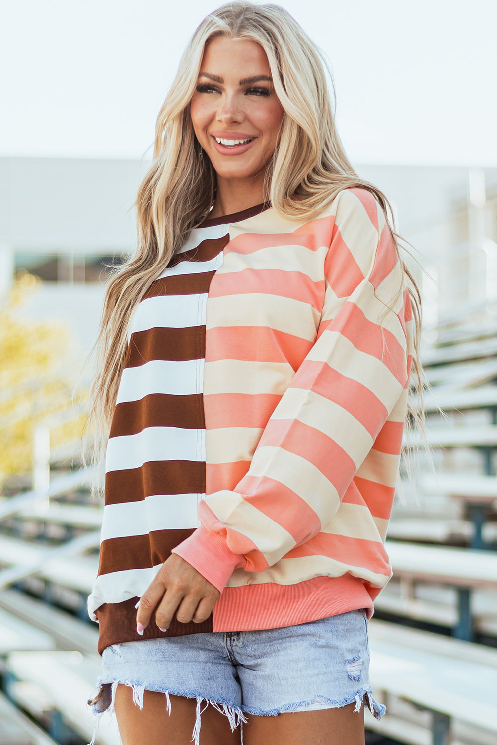 Brown Stripe Color Block Drop Shoulder Pullover Sweatshirt